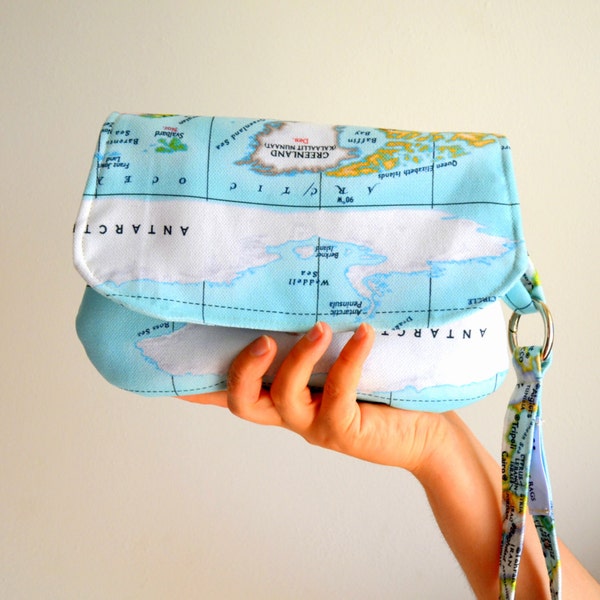 Map Clutch With Wrist Strap, Worldmap Print, Travel Purse Handbag, Elegant Purse, Stylish Clutch, Bridal Wedding Clutch, Valentines Day Gift