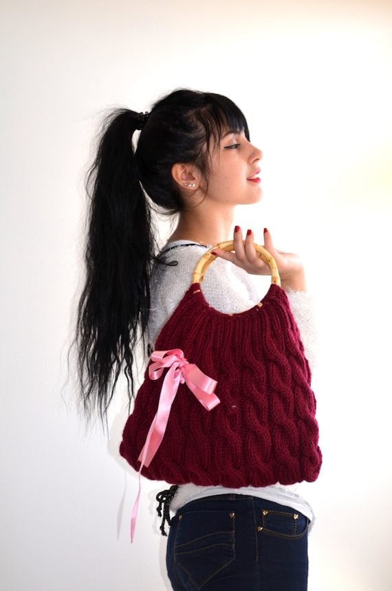 Cable Knitted Bag, Wooden Top Handle, Tote Bag, Burgundy Cable Handbag, Knit Chunky Floral, Lace Ribbon, Bohemian Women, Gift For Wife