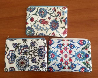 Turkish Kaftan Pattern Tulip Zipper Pouch, Ethnic Fabric Bag, Cute Makeup Bag, Cosmetic Clutch, Toiletry Bag, Fabric Zip Bag, Art Supply Bag