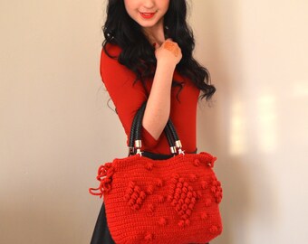 Red Crochet Shoulder Bag, Bubble Bag, Handmade tote bag, Gerard Darel Handbags, Knit Christmas bag, Bohemian Style Handbag, Gift For Wife