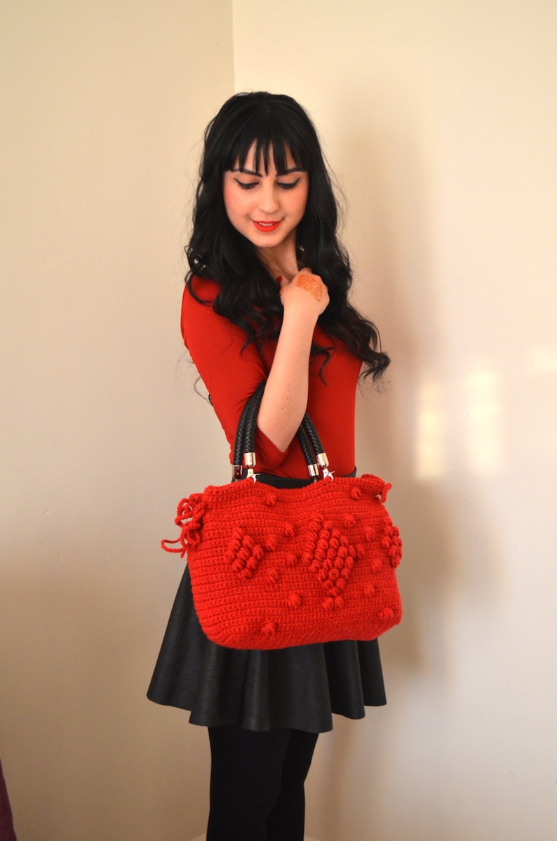 Red Crochet Shoulder Bag, Bubble Bag, Handmade tote bag, Gerard Darel Handbags, Knit Christmas bag, Bohemian Style Handbag, Gift For Wife image 1