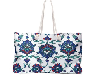 Ottoman Tile Weekender Bag,Iznik Wildflower Floral Oversized  with Rope Handles, perfect for Summer Beach Getaways and Best Friend Gifts!