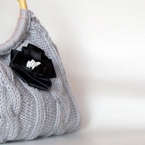 Hand Knit Tote, Knitted Gray Handbag, Cable Braided Bag, Grey Knitted Bag, Handmade Bag, Moms Gift, Bamboo Handle Bag, New Year Gift, Women image 2