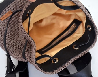 Crochet Raffia Bucket Backpack, Leather Accents