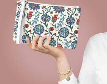 Embrague de boda vintage, monedero otomano turco, bolsa de mosaico de tulipán étnico, bolsa de cosméticos de maquillaje, bolsa para computadora portátil, bolsa auténtica con cremallera, regalo del maestro