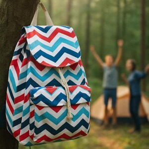 May include: A colorful backpack with a red, white, and blue chevron pattern hangs from a tree branch. The backpack has a flap closure and a small front pocket. The background shows a blurred forest scene with people and a tent.