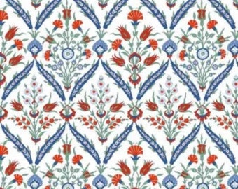 May include: A repeating pattern featuring stylized floral motifs in red, blue, and white. The design includes tulip-like flowers, small blossoms, and leaf-like elements arranged in a symmetrical, geometric layout. The overall aesthetic is reminiscent of traditional textile designs.