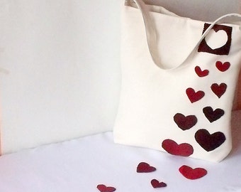 Red Heart Tote Bag, Summer Beach Bag, Canvas Shoulder Bag, Wedding Bride Purse, Felt Handcrafted Handmade, Love Crafts Valentines Day Gift