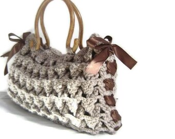 Crochet Shoulder Bag, Wooden Handle, Wool Acrylic Blend, Ribbon Detail