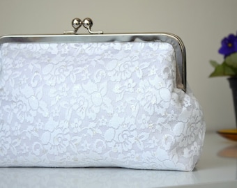 Silver Lace Bridal Clutch, Floral Silver Purse Frame, Bridal Wedding Accessories, Maid of Honor Gift, White Bridal Purse, Bridal party gift