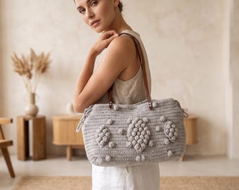 Bolso de mano de ganchillo hecho a mano, asas de cuero marrón, mezcla de lana, regalo para mamás