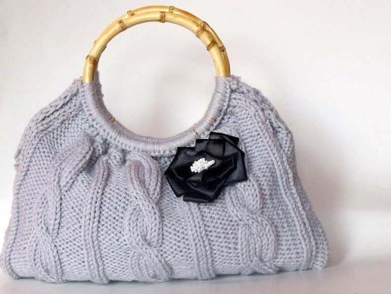 Hand Knit Tote, Knitted Gray Handbag, Cable Braided Bag, Grey Knitted Bag, Handmade Bag, Moms Gift, Bamboo Handle Bag, New Year Gift, Women image 3