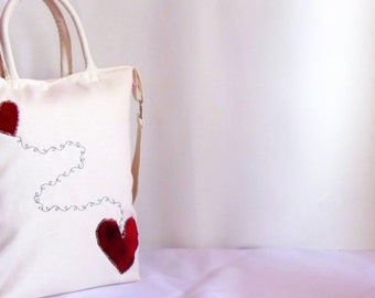 Heart Felt Shoulder Bag , Fashion Week, Love Bag, Valentine Gifts , Red fabric bag hearts , Canvas bag,spring messenger