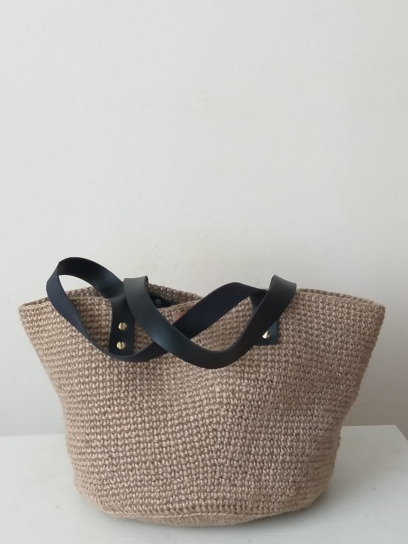 Natural Straw Tote Bag, Leather Handle, Straw Basket Handmade Bag