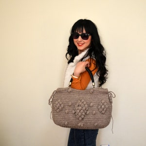 Wool Shoulder Bag, Gerard Darel Bag, Bohemian Style, Vegan Crochet Tote, Christmas Handmade Bag, With Genuine Leather Handle, Gift for her