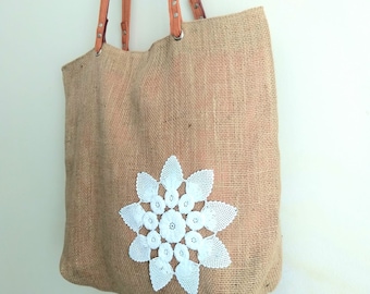 Vintage Lace Jute Tote Bag, Rustic Wedding Favor