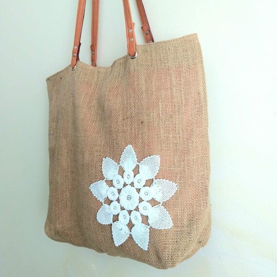 Vintage Lace Jute Bag Rustic Chic Luxury Unique Hessian Barn