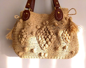 Gerard Darel 24 Heures Raphia Paille Crochet Dublin Sac, Français Tote Poignée en cuir faite à la main, Plage d’été, Raffia Wicker Camel Raphia Cadeau