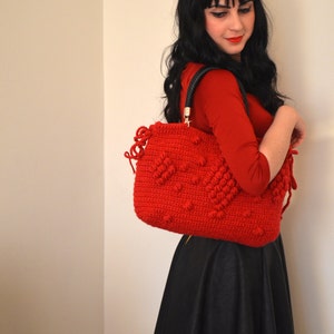 Red Crochet Shoulder Bag, Bubble Bag, Handmade tote bag, Gerard Darel Handbags, Knit Christmas bag, Bohemian Style Handbag, Gift For Wife image 4