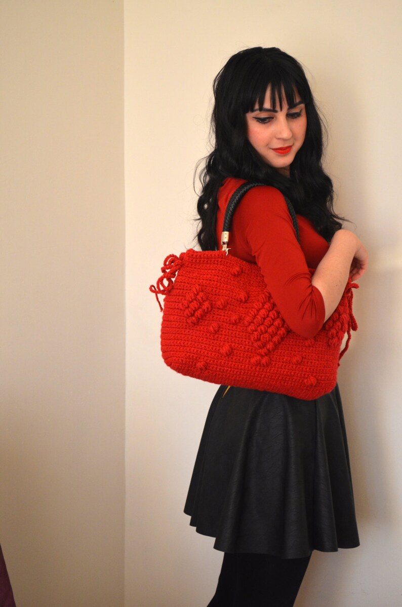 Red Crochet Shoulder Bag, Bubble Bag, Handmade tote bag, Gerard Darel Handbags, Knit Christmas bag, Bohemian Style Handbag, Gift For Wife image 4