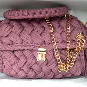 Combed Yarn Bag, Gold Chain Handle , Crossbody Woman Crochet Bag , Capri Luxury Bag , Hand Woven Purse ,