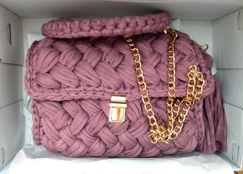 Combed Yarn Bag, Gold Chain Handle , Crossbody Woman Crochet Bag , Capri Luxury Bag , Hand Woven Purse ,