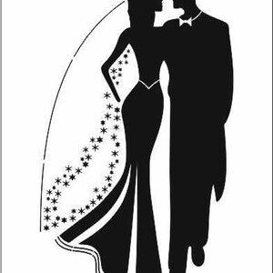 May include: A black silhouette of a couple, likely a bride and groom, on a white background. The woman wears a long gown and veil adorned with stars. The man is in a tuxedo. The couple is facing each other.