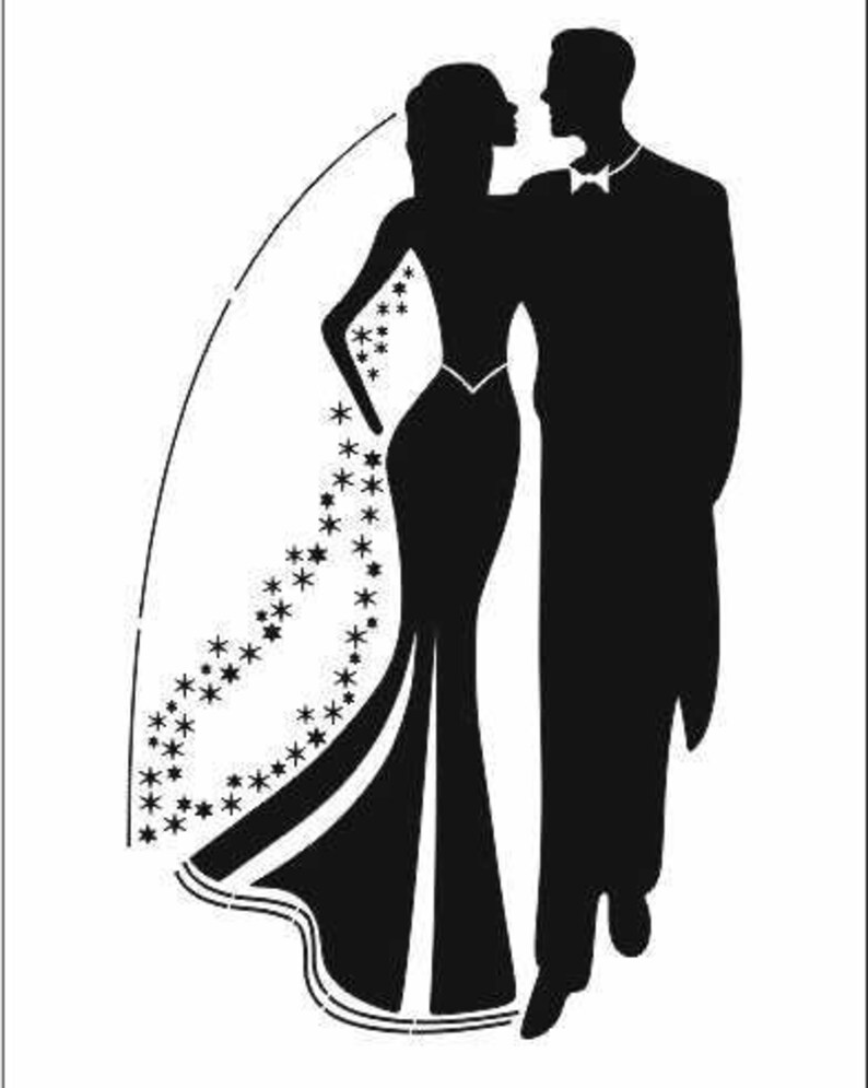 May include: A black silhouette of a couple, likely a bride and groom, on a white background. The woman wears a long gown and veil adorned with stars. The man is in a tuxedo. The couple is facing each other.