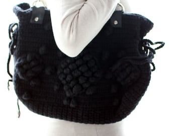 Black Crochet Shoulder Bag, Handmade Wool Knit Tote, Bohemian Style