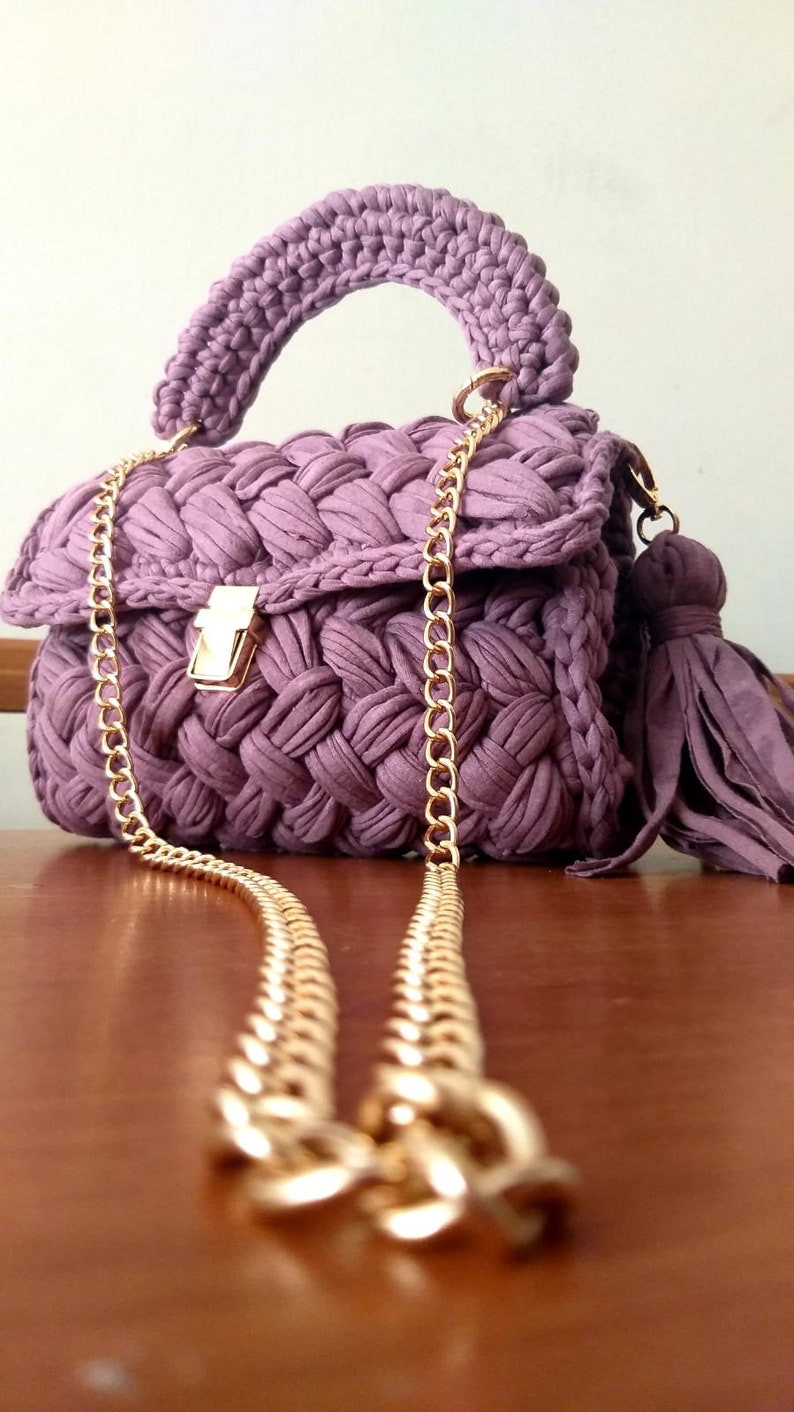 Combed Yarn Bag, Gold Chain Handle , Crossbody Woman Crochet Bag , Capri Luxury Bag , Hand Woven Purse ,