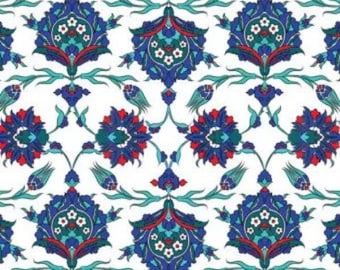 Ottoman Tile Fabric, Blue Tulip Iznik Textile, Turkish Floral Motif