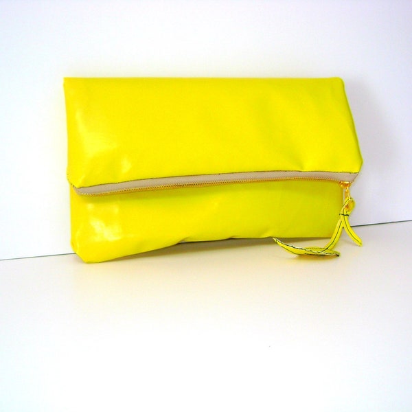 Leather Yellow Clutch, With Brass Zipper Closure Butter, Simple Stylish Handbag, Elegant Night Bag, Foldover Faux Leather Bag, Gift For Wife