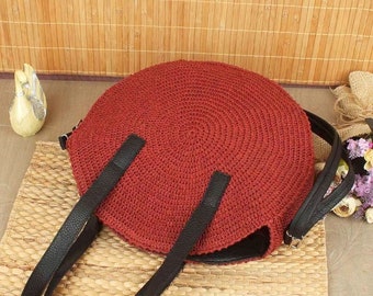 Straw Crossbody Bag, Burgundy Shoulder Bag, Crochet Round Rope Summer Bag, Everyday Leather Circle bag, Modern Unique Vegan,Mother's Da Gift