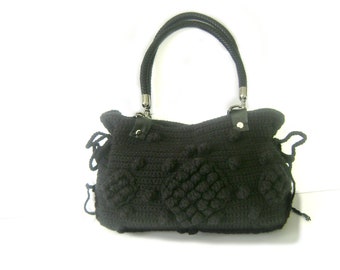 Handmade Black Crochet Hobo Bag, Bohemian Wool Shoulder Bag
