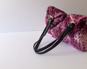 Handmade Purple Crochet Tote Bag, Granny Square Handbag, Leather Handles