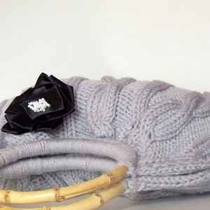 Hand Knit Tote, Knitted Gray Handbag, Cable Braided Bag, Grey Knitted Bag, Handmade Bag, Moms Gift, Bamboo Handle Bag, New Year Gift, Women image 1