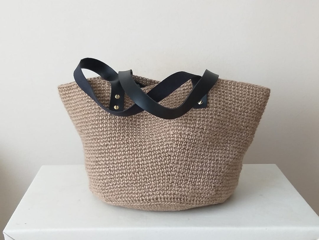 Natural Straw Tote Bag, Leather Handle, Straw Basket Handmade Bag ...