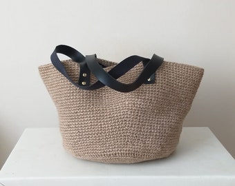 Natural Straw Tote Bag, Leather Handle, Straw Basket Handmade Bag, Summer Beach Bag, Crochet Wicker Bag, Black Leather Jute Market Bag Gift