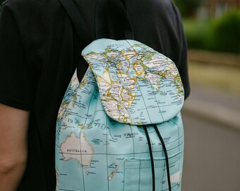 Blue World Maps Print Backpack Rucksack Canvas Field Pack Travel Hipster Diaper Bag, Turquoise  Boho Knapsack  Back To School Haversack Gift