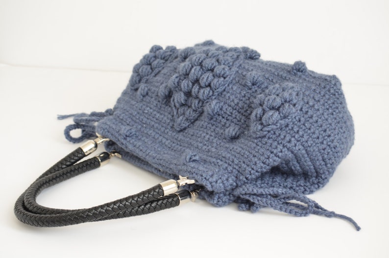 Chunky Crochet Tote Bag Winter Bag Dark Blue Knit Shoulder Etsy