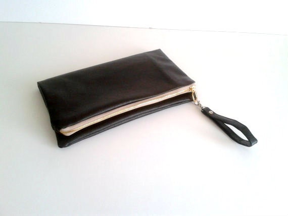Evening Clutch Bag, Faux Leather Handbag, Black Foldover Clutch, Clutch Bag With Chain, Zipper Oversized Clutch, Gift For Her, Valentines