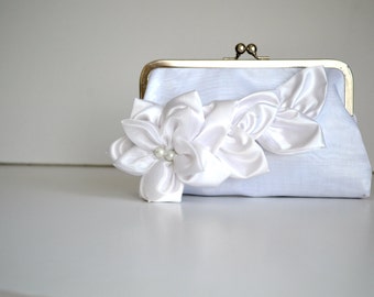 Bridal Wedding Clutch, White Purse Bridal Accessories, Bridesmaids floral clutches, Flower Blooming Satin Clutch, Bridesmaid wedding gift