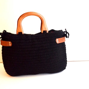 Crochet Top Handle Bags, Crochet leather bag, Black Knit, Handwork Shoulder Bag, Crochet Women Purse, Wooden Handle Bag, Gift for Christmas