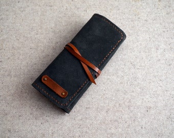 Estuche de cuero cosido a mano, estuche de herramientas enrollable de gamuza rústica