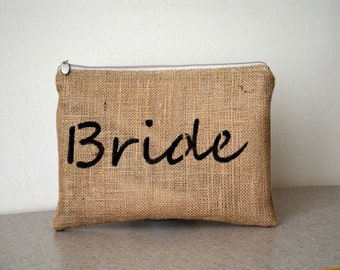 Handpainted Bride Burlap Clutch, Rustic Wedding Gift