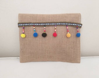 Ethnic Jute Clutch, Boho Pom Pom Bag, Rustic Wedding Gift