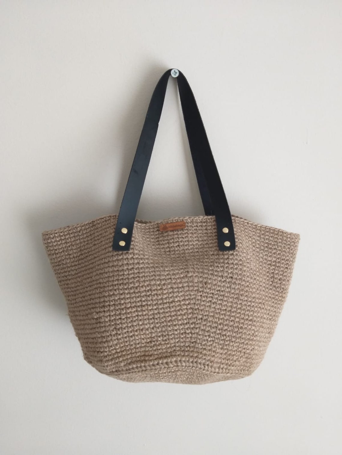 Natural Straw Tote Bag, Leather Handle, Straw Basket Handmade Bag