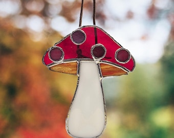 Stained Glass Mushroom Suncatcher • Handmade Cottagecore Decor