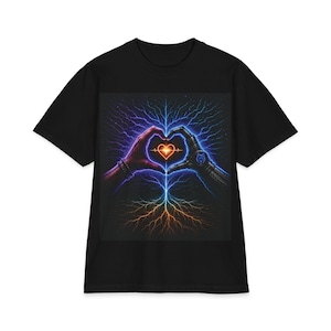 Può includere: Una t-shirt nera con una stampa grafica di due mani che formano un cuore. Una mano è organica con toni rossi, mentre l'altra è una mano robotica metallica con toni blu. Un cuore arancione brillante con una linea ECG si trova al centro.