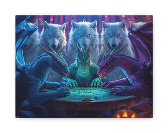 Dragon and Wolf Canvas Art: Fantasy Creature Home Decor